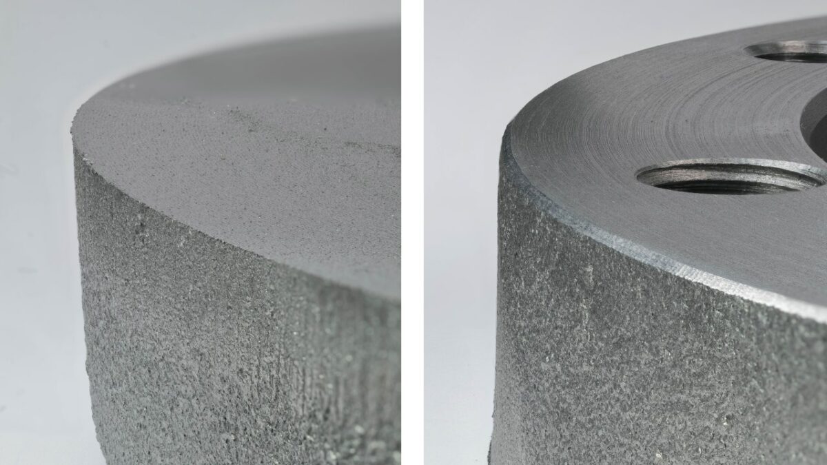 Links das Rohteil mit sichtbarem Grat, rechts das maschinell entgratete Bauteil mit sauberer, gleichmäßiger Fase ohne Sekundärgrat (Bild: Kempf).